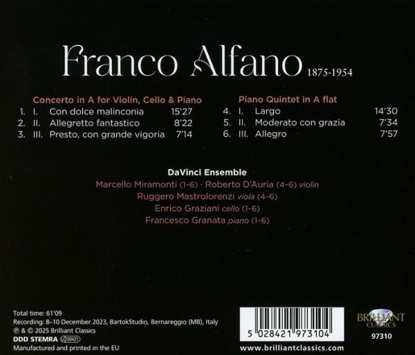 CD-Cover: Franco Alfano, Musiktitel, Namen der Interpreten und ein Barcode auf dunklem Hintergrund.