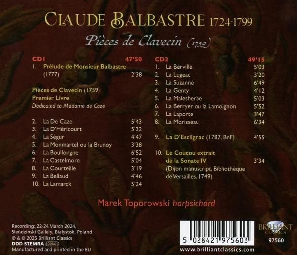 CD-Cover mit Text: Claude Balbastre, Pièces de Clavecin, mit Titelliste. Enthält den Namen des Cembalisten.