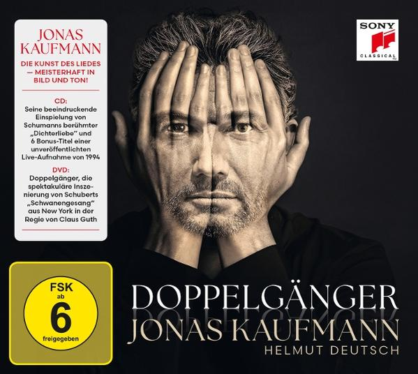 CD-Cover: Jonas Kaufmann mit Händen über dem Gesicht. Titel 'Doppelgänger'. Deutscher Text über Musik und Aufführung.