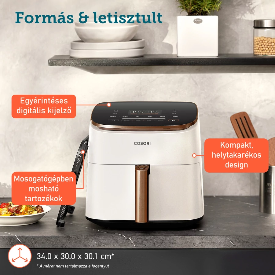 Fehér-arany légkeveréses fritőz. Digitális kijelző, kompakt design. Tányérok és dekoráció a háttérben. Termék méretek.