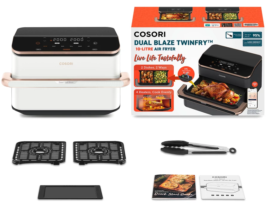 COSORI Dual Blaze légkeveréses sütő tartozékokkal: rácsok, tálca, fogó és kézikönyvek. A csomagolás ételeket és funkciókat mutat.