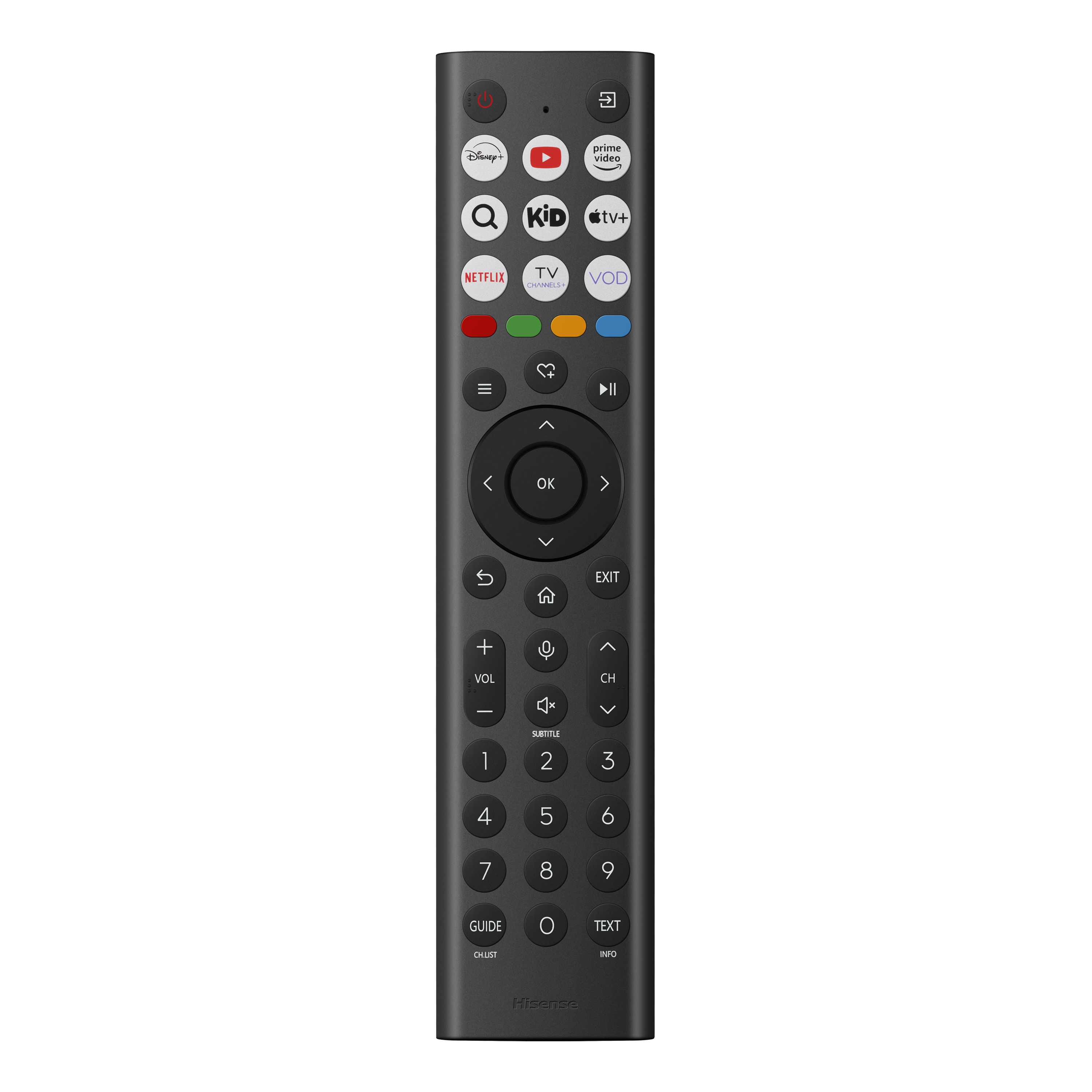 Schwarze Hisense TV-Fernbedienung. Hat Tasten für Strom, Apps, Lautstärke, Kanäle, Zahlen und Navigation mit Hisense-Logo.