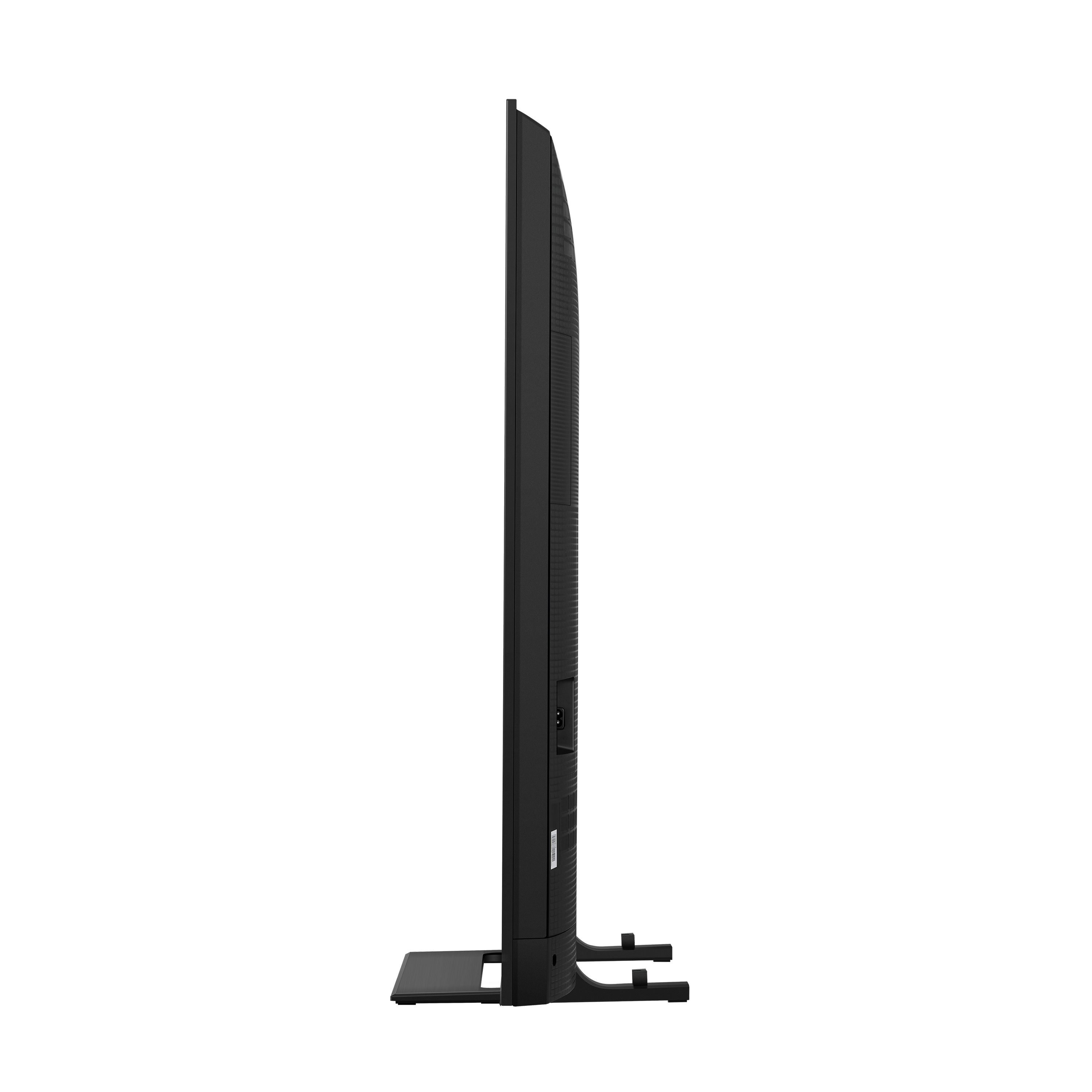 Seitenansicht eines schwarzen Flachbildfernsehers auf weißem Hintergrund. Der Fernseher steht auf einem Ständer.
