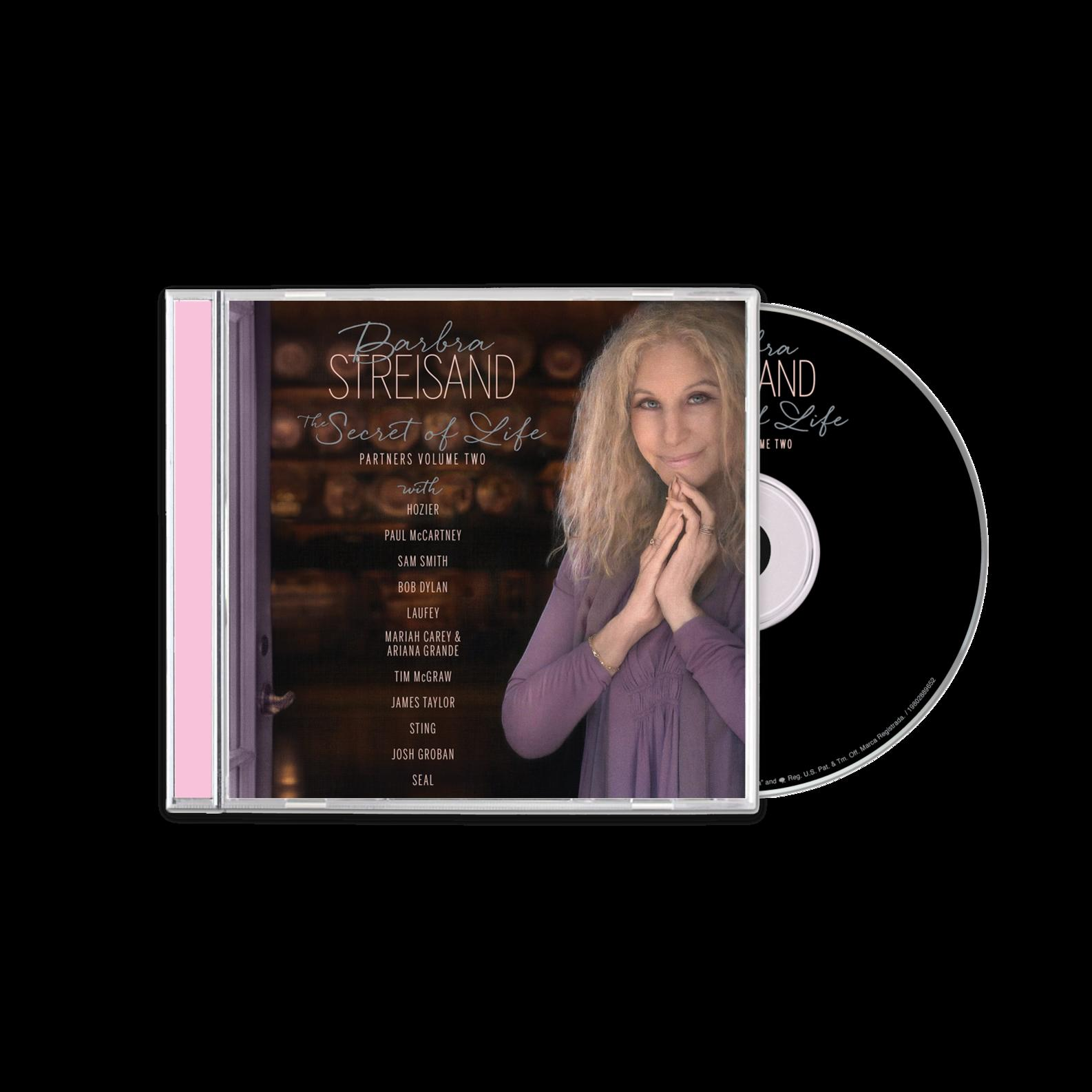 Boîtier CD de 'The Secret of Life' de Barbra Streisand. Streisand sur la couverture, disque visible. Fond noir.