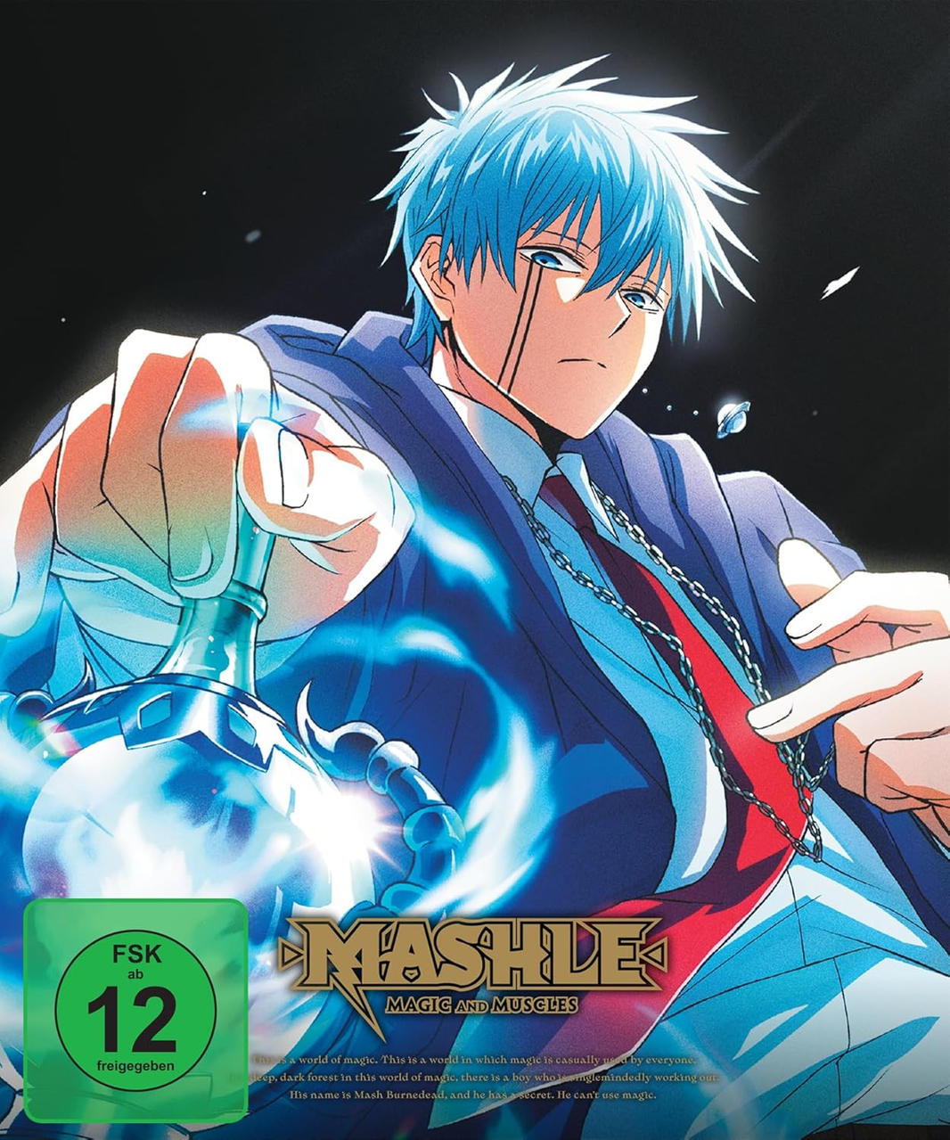 Anime-Cover mit blauhaarigem Charakter, der ein leuchtendes Objekt hält, Text sagt "MASHLE Magic and Muscles" und hat ein Rating-Label.