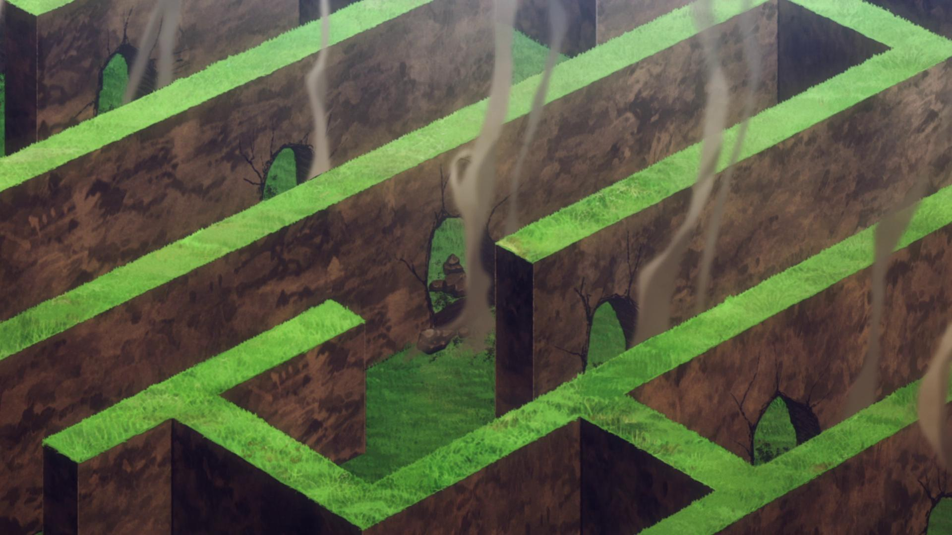 Ein grünes Labyrinth mit braunen Wänden und grünen Graswegen. Löcher in den Wänden zeigen kleine Bäume und Rauch oder Nebel.