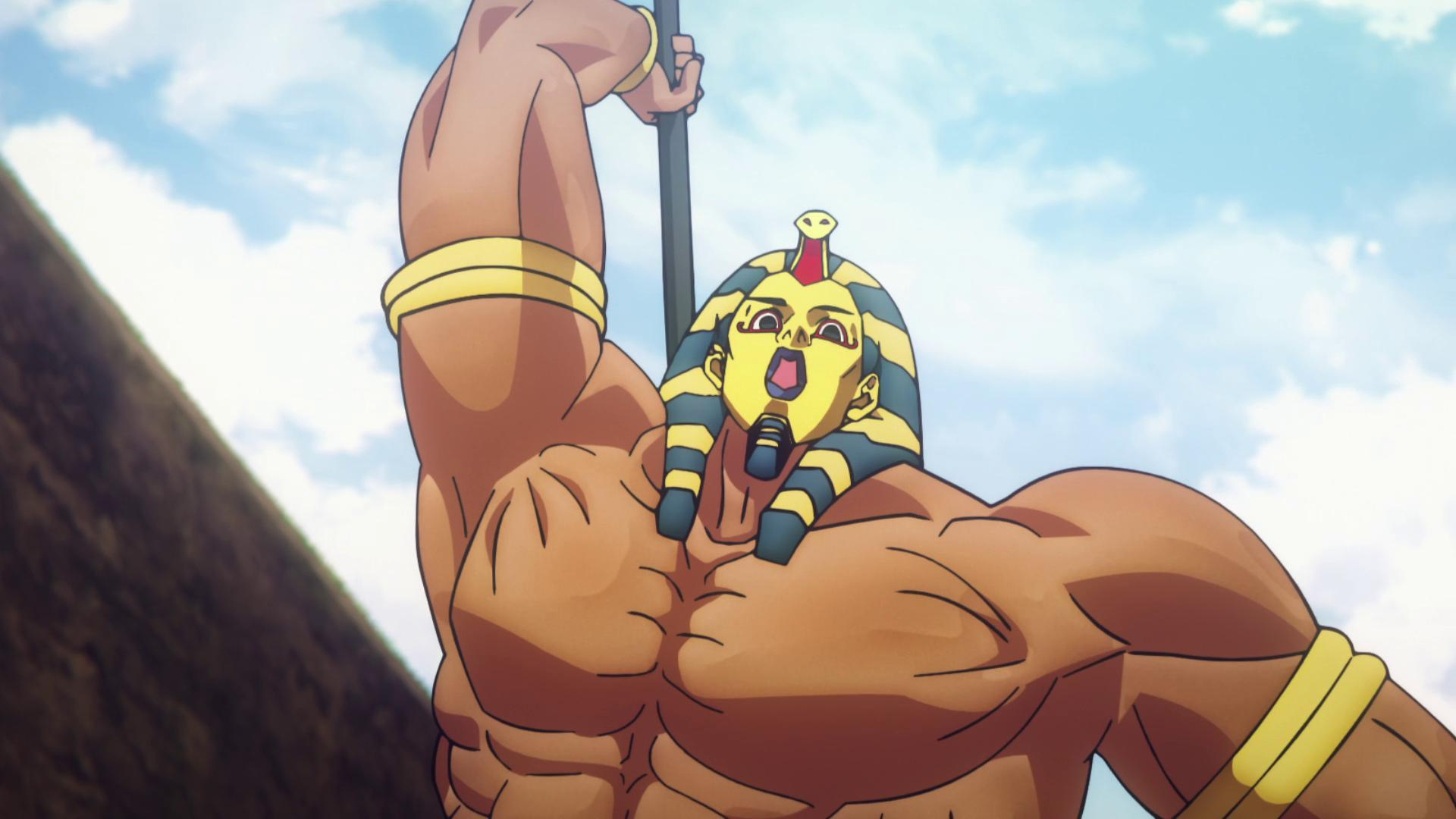 Cartoon-Pharao mit muskulösem Körper, goldenen Akzenten und offenem Mund, der einen Stab hält, vor einem Himmelhintergrund.