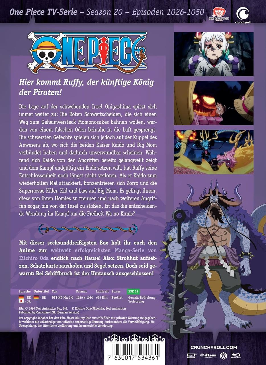 One Piece Box-Art mit Charakteren, einem Piratenschiff und Text. Der Hintergrund ist lila und blau mit dem Crunchyroll-Logo.