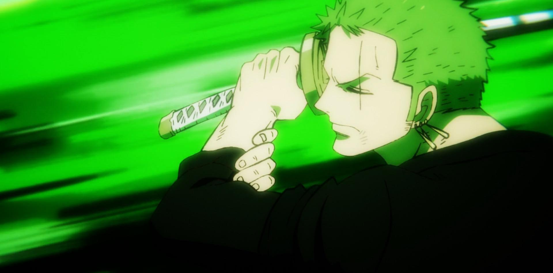 Anime-Charakter Zoro mit grünen Haaren, der ein Schwert hält. Grüner Hintergrund mit Bewegungslinien.