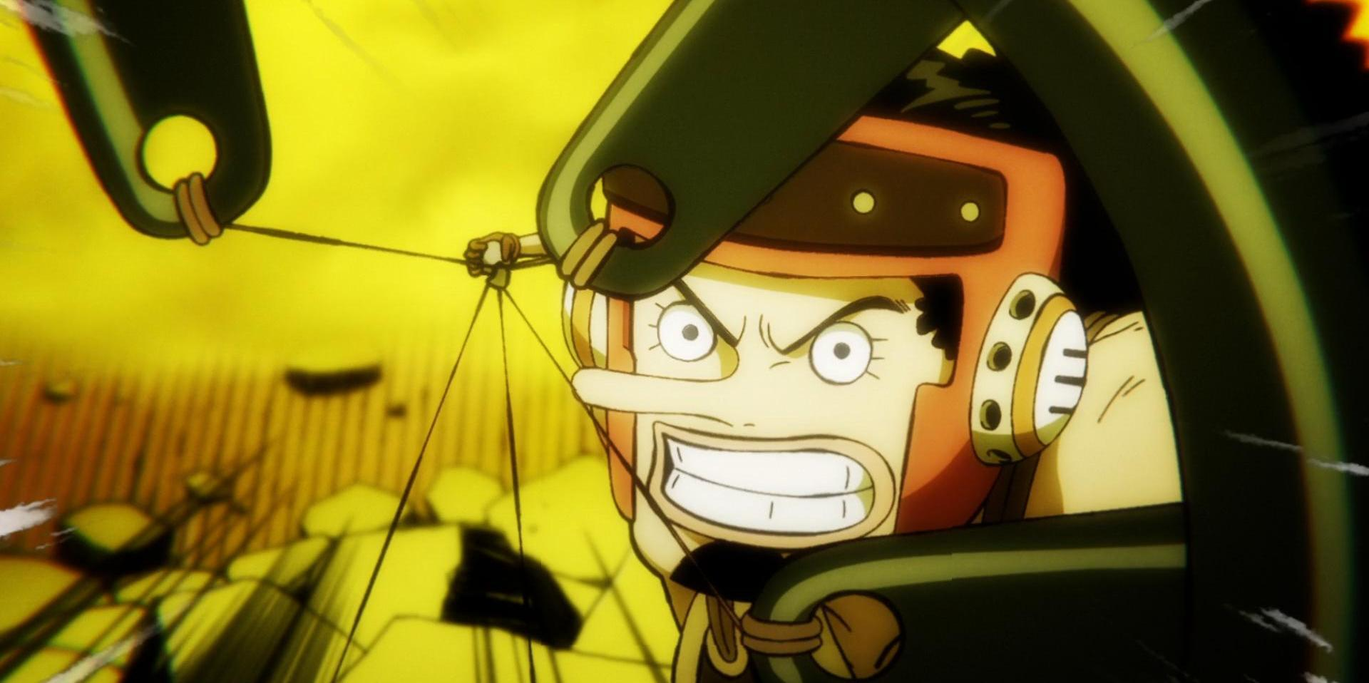 Usopp aus One Piece mit entschlossenem Gesichtsausdruck, trägt einen Helm. Gelber und olivfarbener Hintergrund.