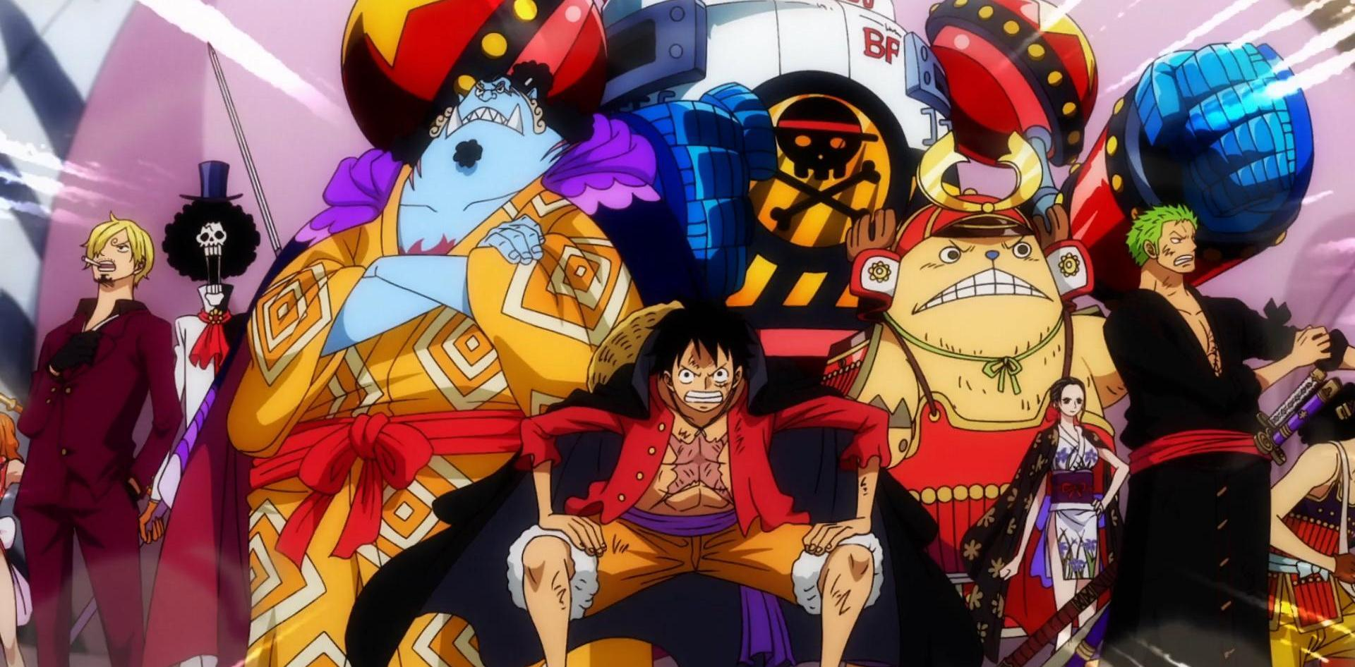 Gruppe von One Piece-Charakteren. Luffy vorne, andere dahinter: Sanji, Brook, Jinbe, Zoro und andere. Bunte Outfits.