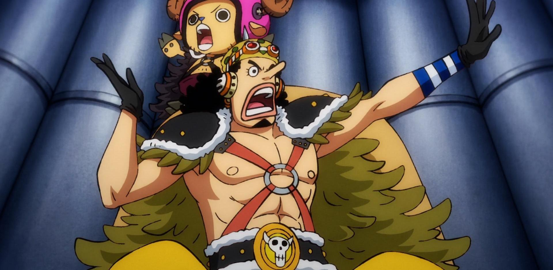 Usopp mit Chopper auf dem Rücken, beide schreien. Usopp hat einen Bart und einen Totenkopf-Gürtel. Der Hintergrund ist eine blaue Wand.