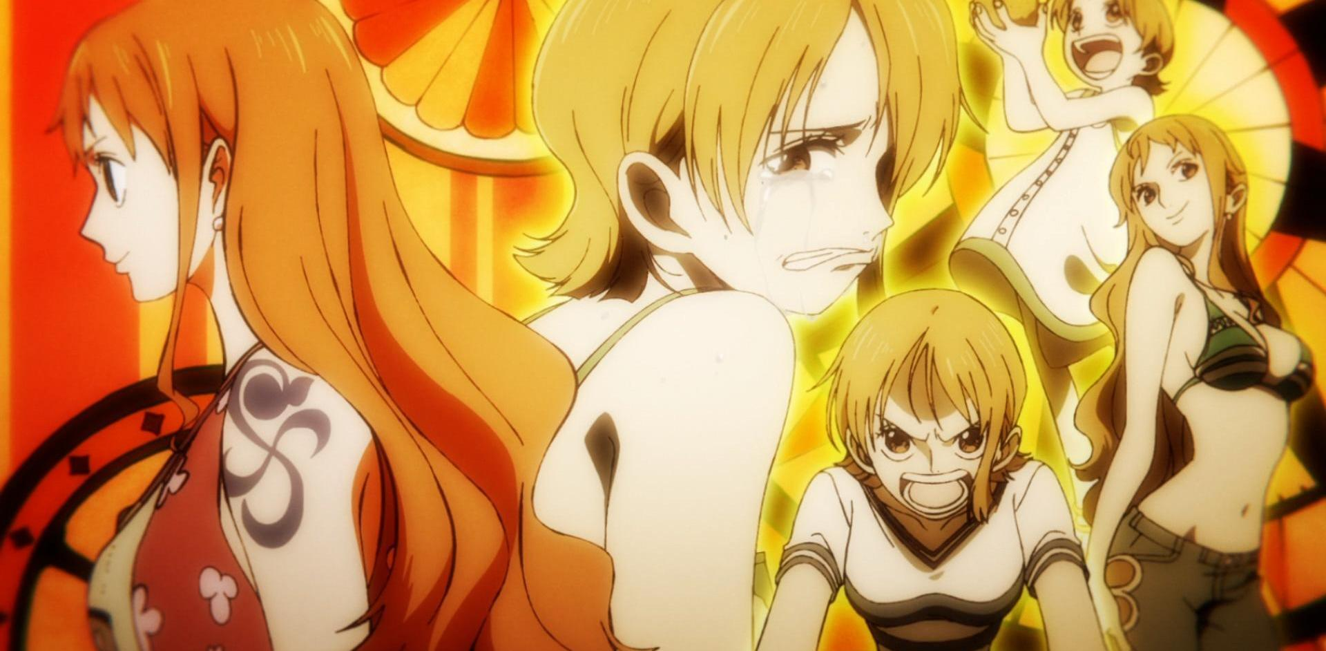 Anime-Szene: Mehrere Frauen mit orangenen Haaren. Einige lächeln, weinen oder sind wütend. Der Hintergrund hat gelbe und orange Farbtöne.