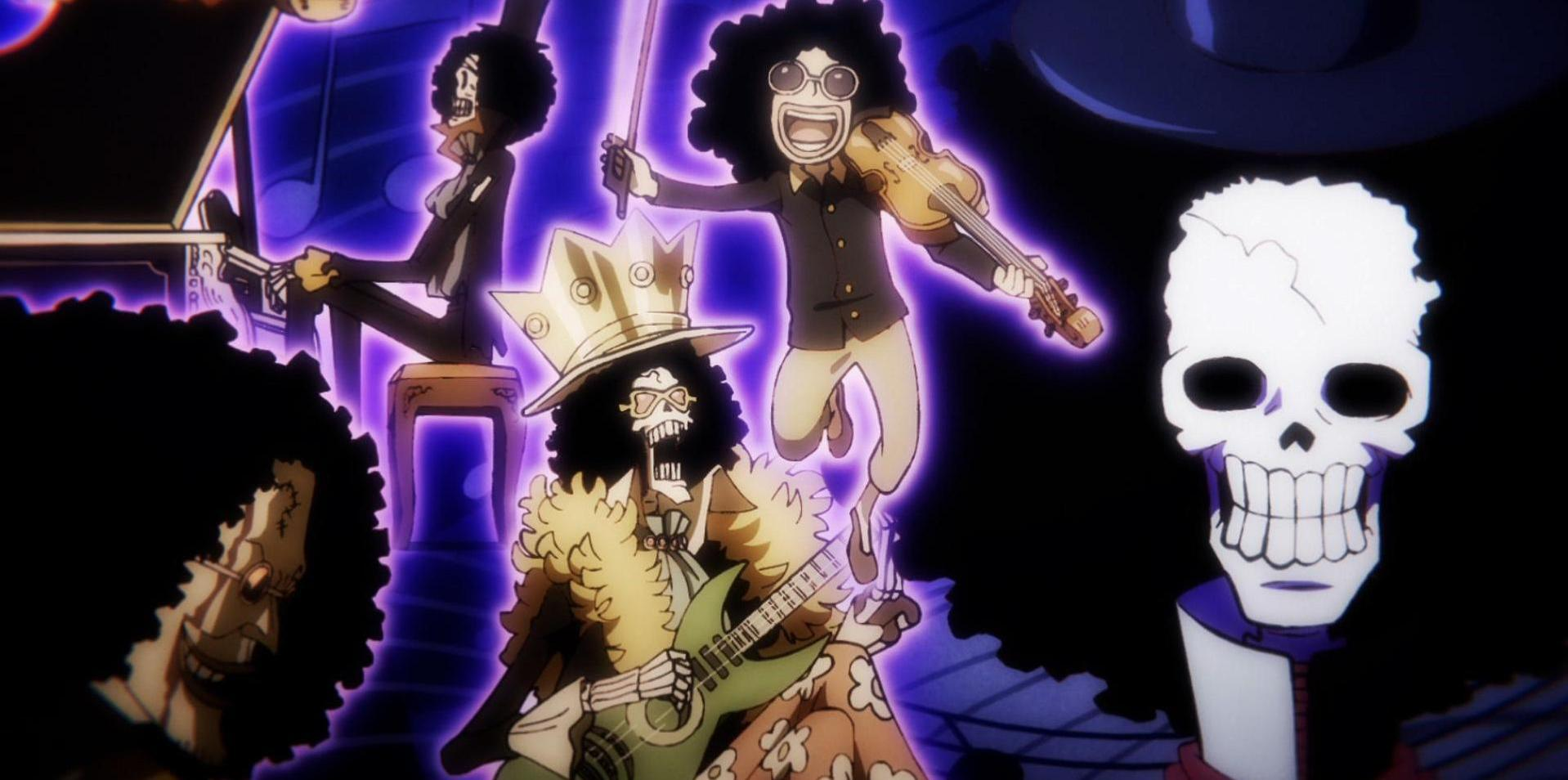 Animiertes Bild von Skelettfiguren, die Instrumente spielen. Einer spielt Klavier, ein anderer Geige und ein dritter Gitarre. Alle haben Afro-Haare.