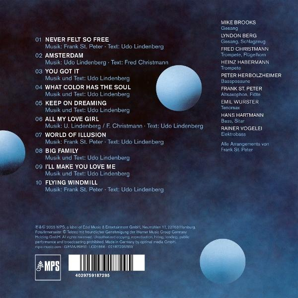 Albumcover mit Titelliste und Musikercredits. Blauer Hintergrund mit zwei Kugeln. Text in Weiß.