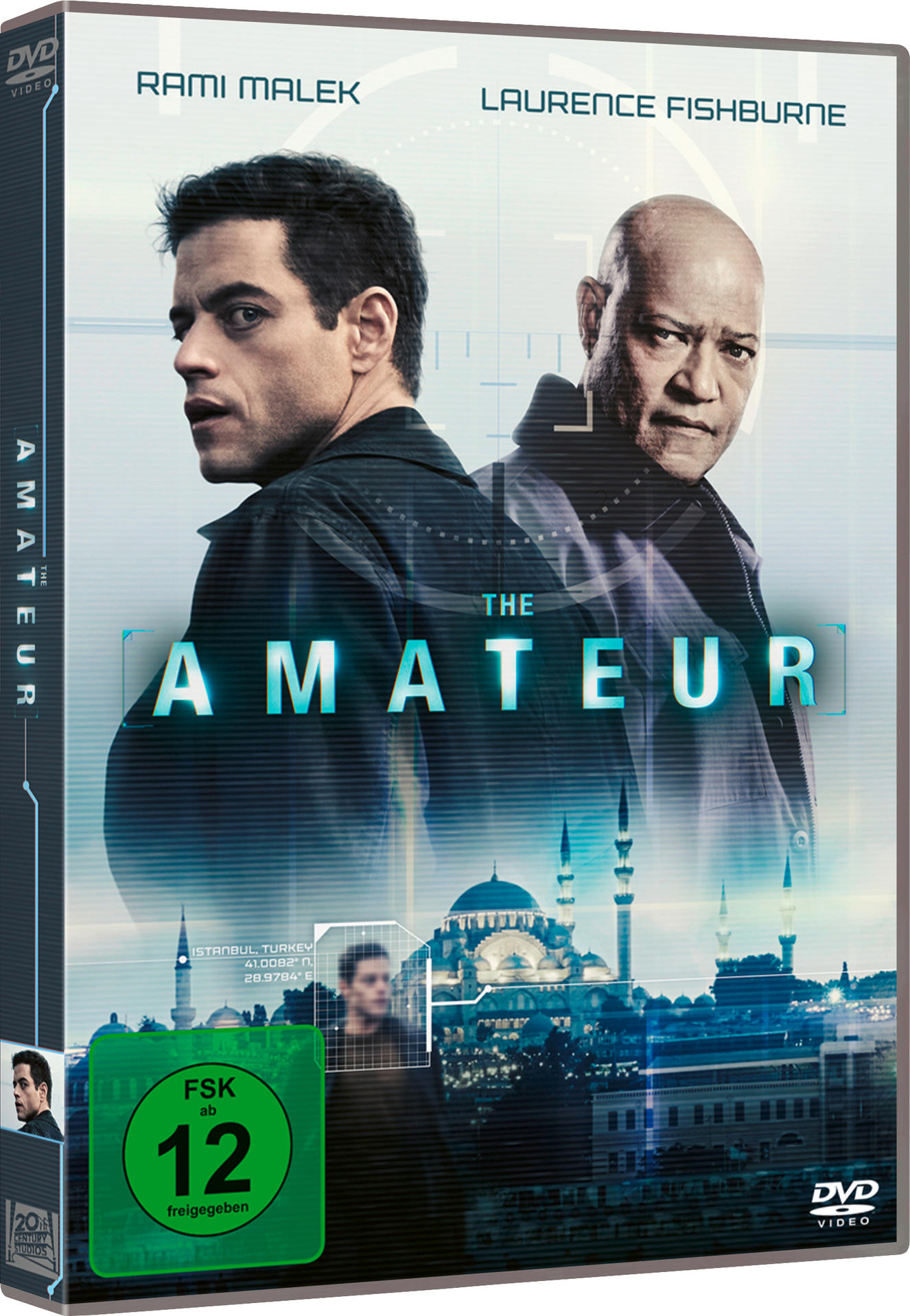 DVD-Cover für den Film 'The Amateur'. Mit Rami Malek und Laurence Fishburne. Hintergrund zeigt Stadtbild mit Moscheen.