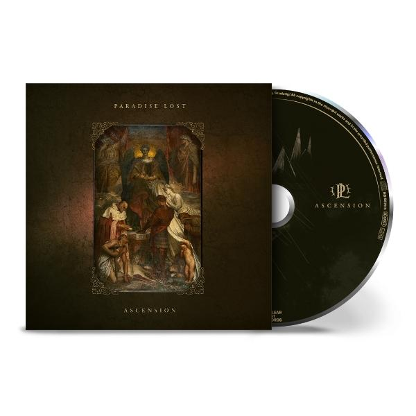 CD-Cover von 'Paradise Lost: Ascension'. Braune Kunst mit Figuren, Goldakzenten und einer CD rechts.