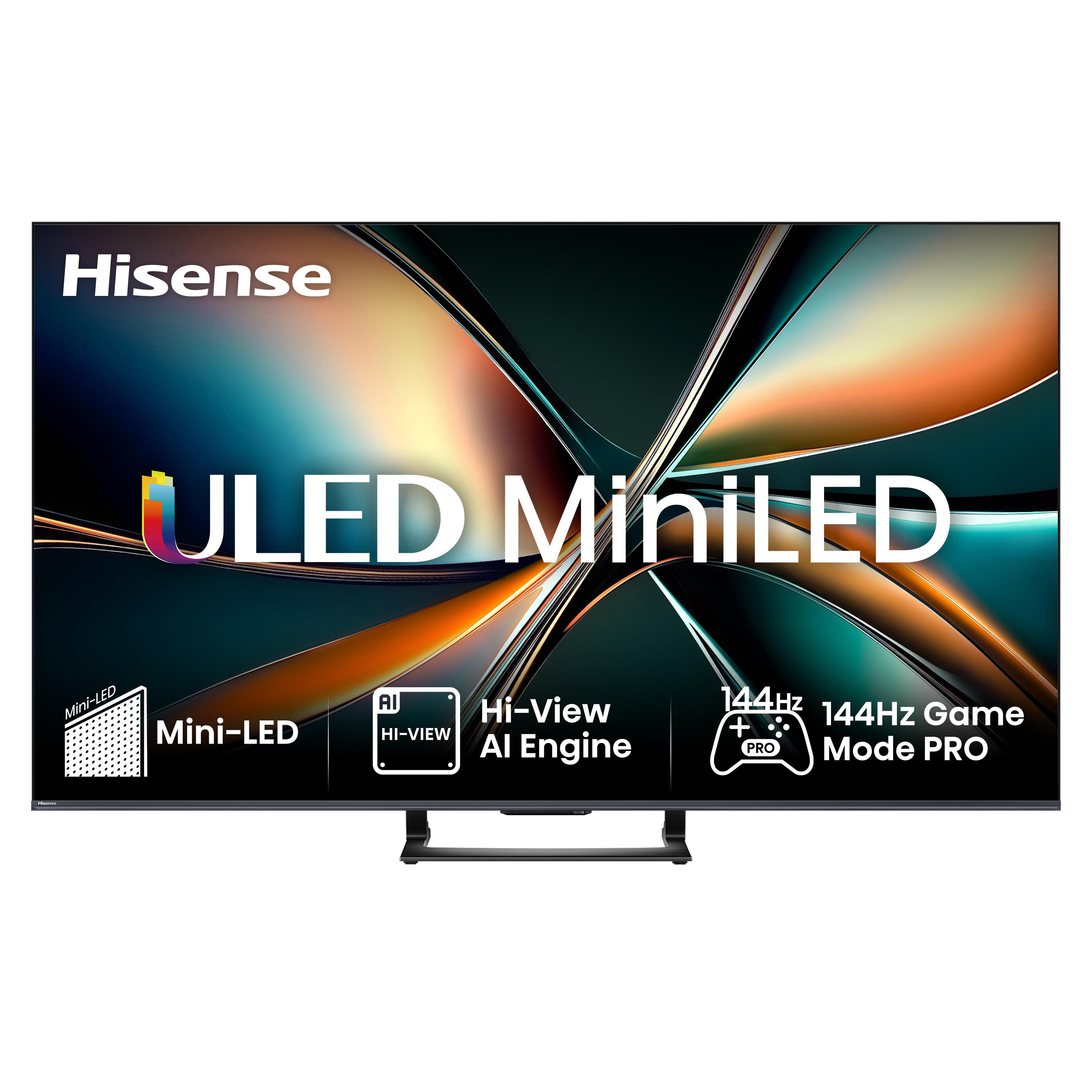 Hisense ULED MiniLED-Fernseher. Zu den Funktionen gehören Mini-LED, Hi-View AI Engine und 144Hz Game Mode PRO.