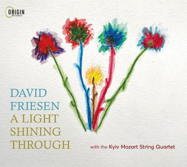 Albumcover: Bunte Aquarellblumen, Titel "A Light Shining Through" von David Friesen, Origin Records Logo.