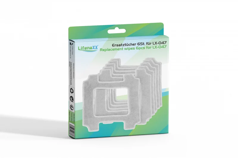 Pudełko z chusteczkami zastępczymi do LX-047. Białe chusteczki są ułożone w pudełku z zielono-białym gradientowym tłem.