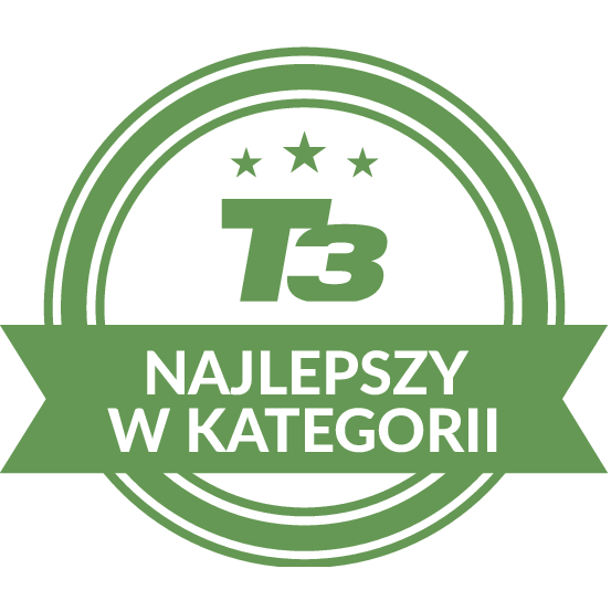 Okrągła odznaka z zielonymi akcentami. Tekst brzmi 'NAJLEPSZY W KATEGORII' i 'T3'. Trzy gwiazdki nad tekstem 'T3'.