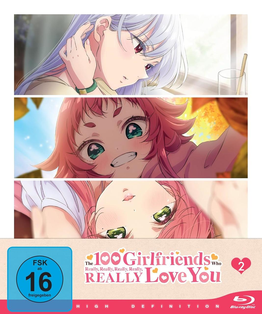Anime-Cover mit drei Mädchen und dem Titel "100 Girlfriends Who Really Love You". Enthält Altersfreigabe, Blu-ray-Logo und die Zahl 2.