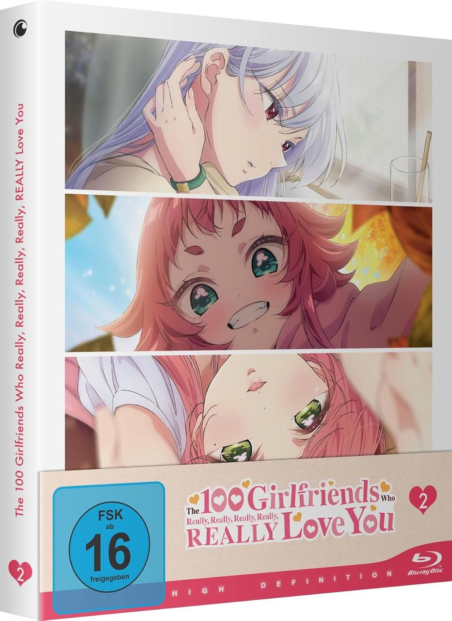 Blu-ray-Box-Art mit Anime-Charakteren. Enthält ein blaues Rating-Logo und den Titel "The 100 Girlfriends Who Really, Really, Really, Really, REALLY Love You".