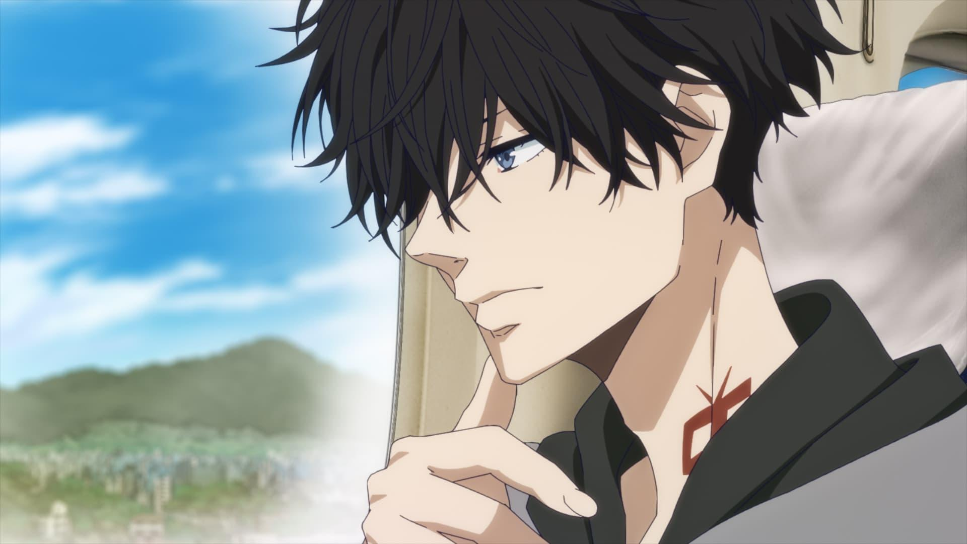 Anime-Mann mit schwarzen Haaren und blauen Augen, der aus einem Fenster schaut. Ein Tattoo ist auf seinem Hals. Hintergrund: blauer Himmel und Stadt.
