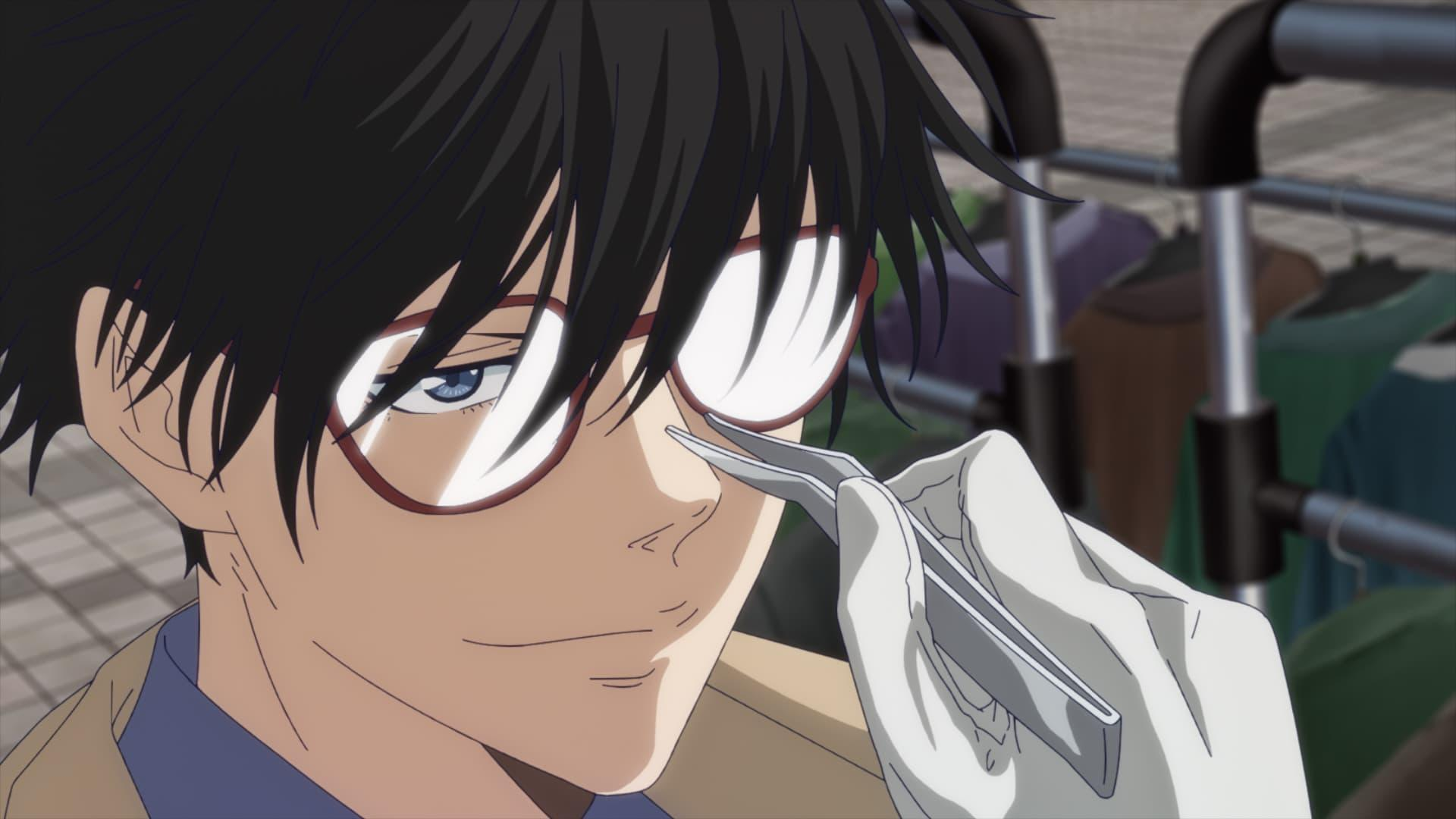Anime-Figur mit schwarzen Haaren und Brille, die eine Pinzette benutzt. Trägt einen Laborkittel, in einem Raum mit Kleidung im Hintergrund.