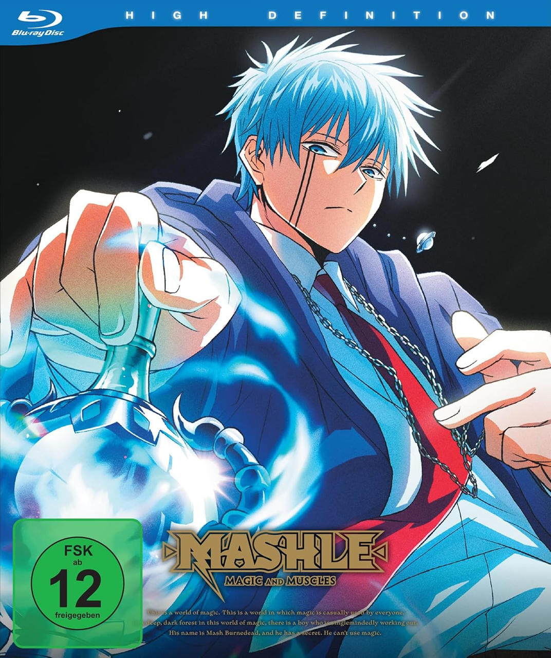 Anime-Cover von Mashle: Magic and Muscles. Ein blauhaariger Mann hält einen leuchtenden Stab. Text enthält Titel und Altersempfehlung.