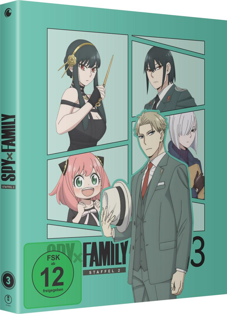 DVD-Cover mit Anime-Charakteren. Das Cover ist türkis und zeigt die Spy x Family-Charaktere.