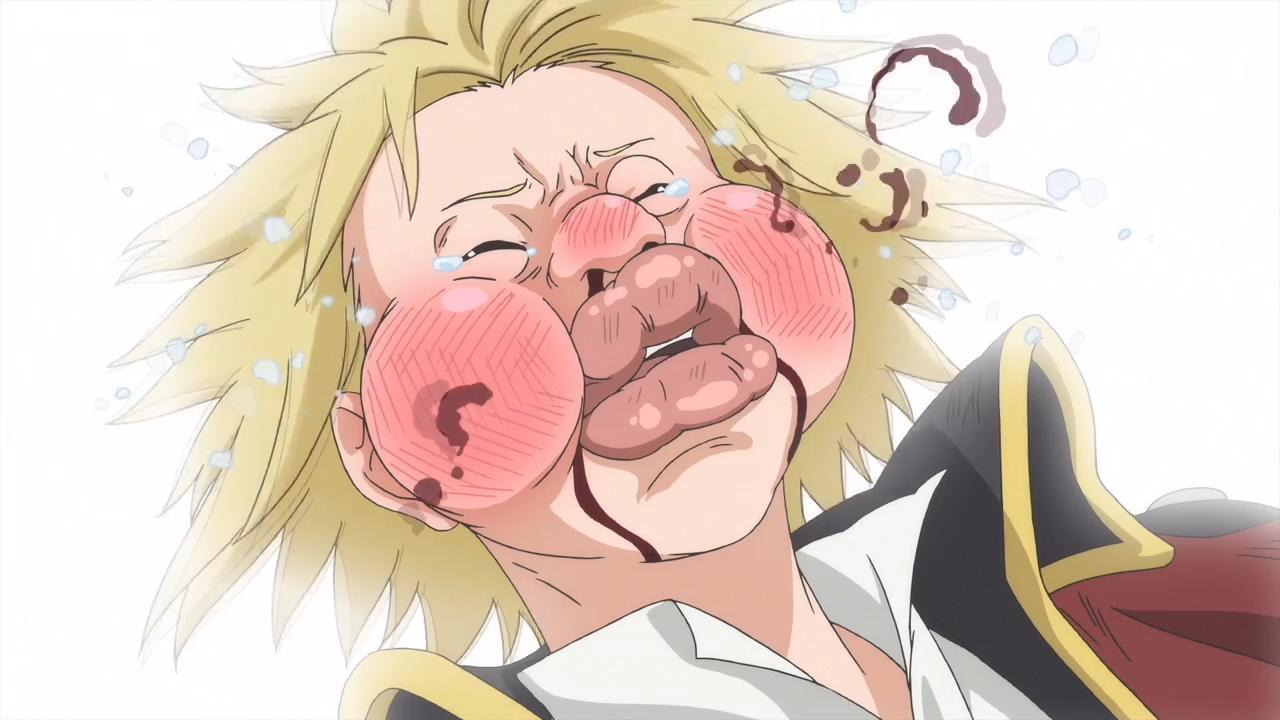 Anime-Figur mit blonden Haaren und geschwollenem Gesicht. Rote Wangen und Blut. Weint Tränen. Der Hintergrund ist weiß und hellblau.