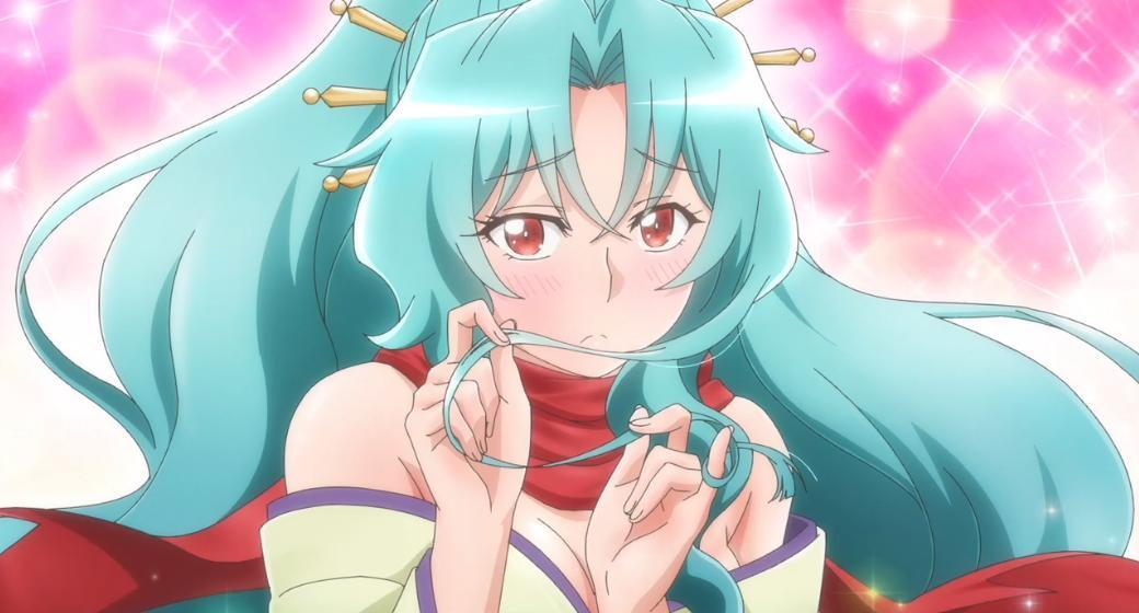 Anime-Figur mit blauen Haaren, roten Augen, erröteten Wangen und rotem Schal. Zieht nachdenklich an Haarsträhnen vor rosa Hintergrund.