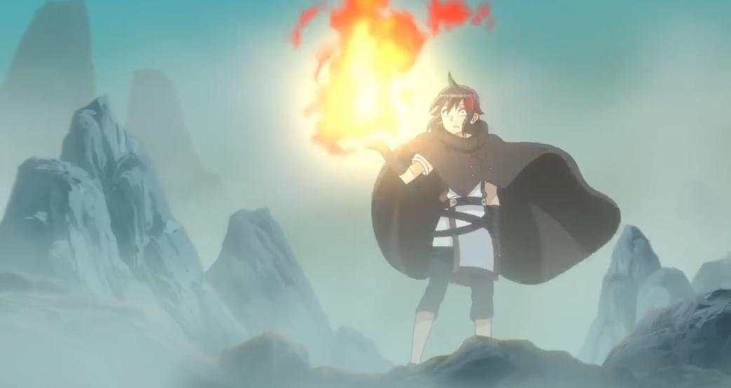 Anime-Figur mit Feuer in der Hand steht auf einem Felsen. Berge und Nebel sind im Hintergrund, mit blauem Himmel.