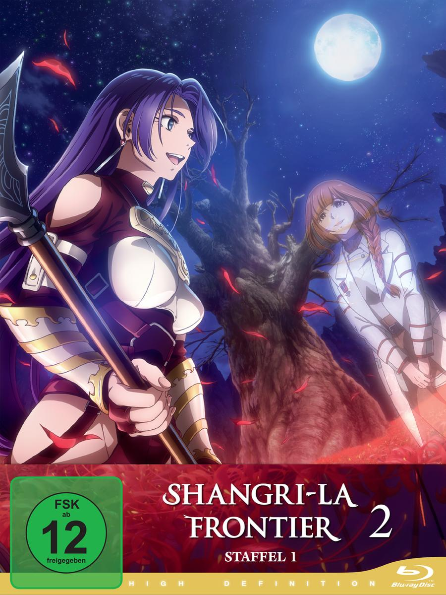Anime-Cover: Zwei weibliche Charaktere mit Speer. Nachtszene mit Vollmond. Titel: Shangri-La Frontier 2.