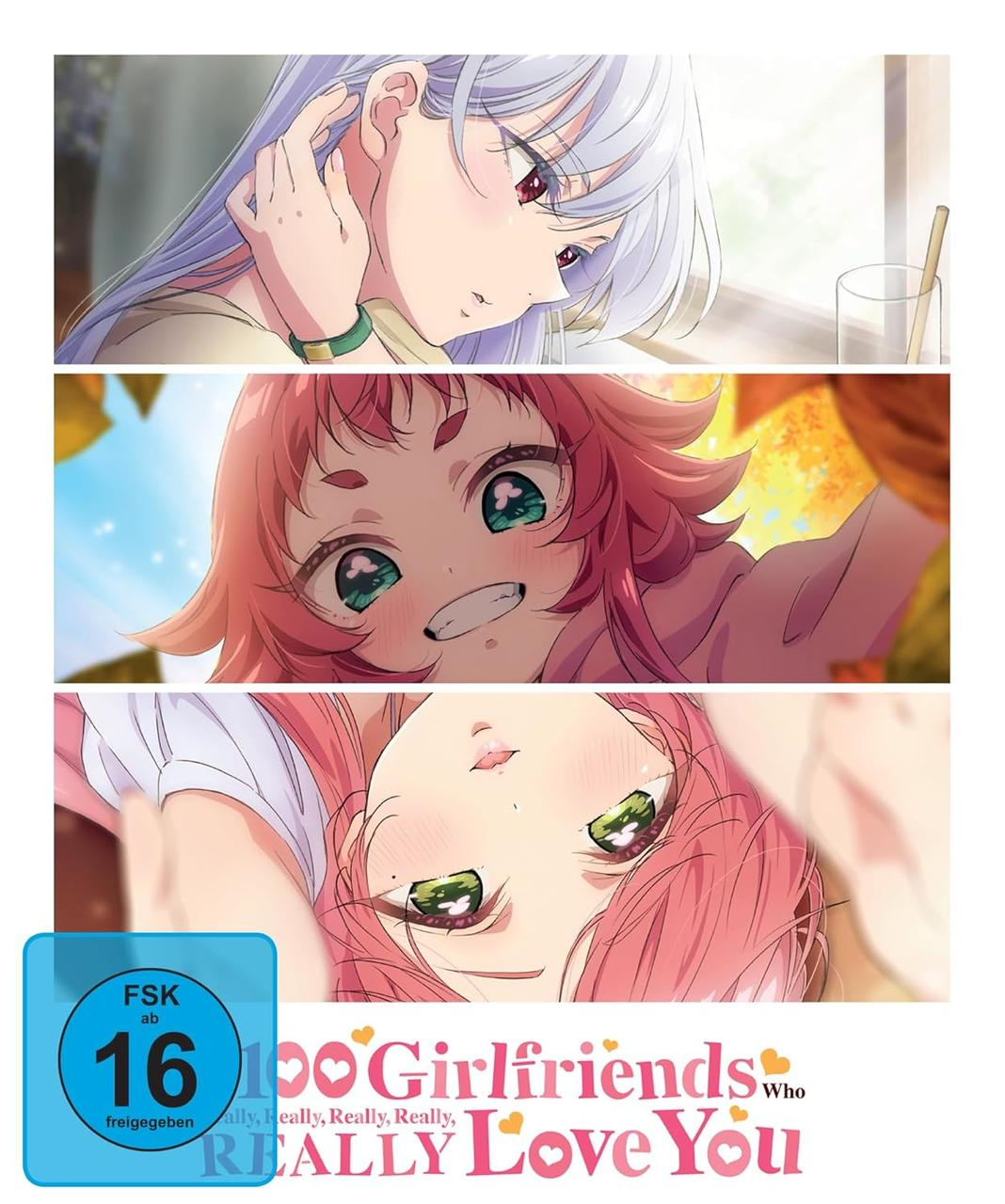 Anime-Cover: Drei Anime-Mädchen. Titel: 100 Girlfriends Who Really Love You. FSK 16 Rating.