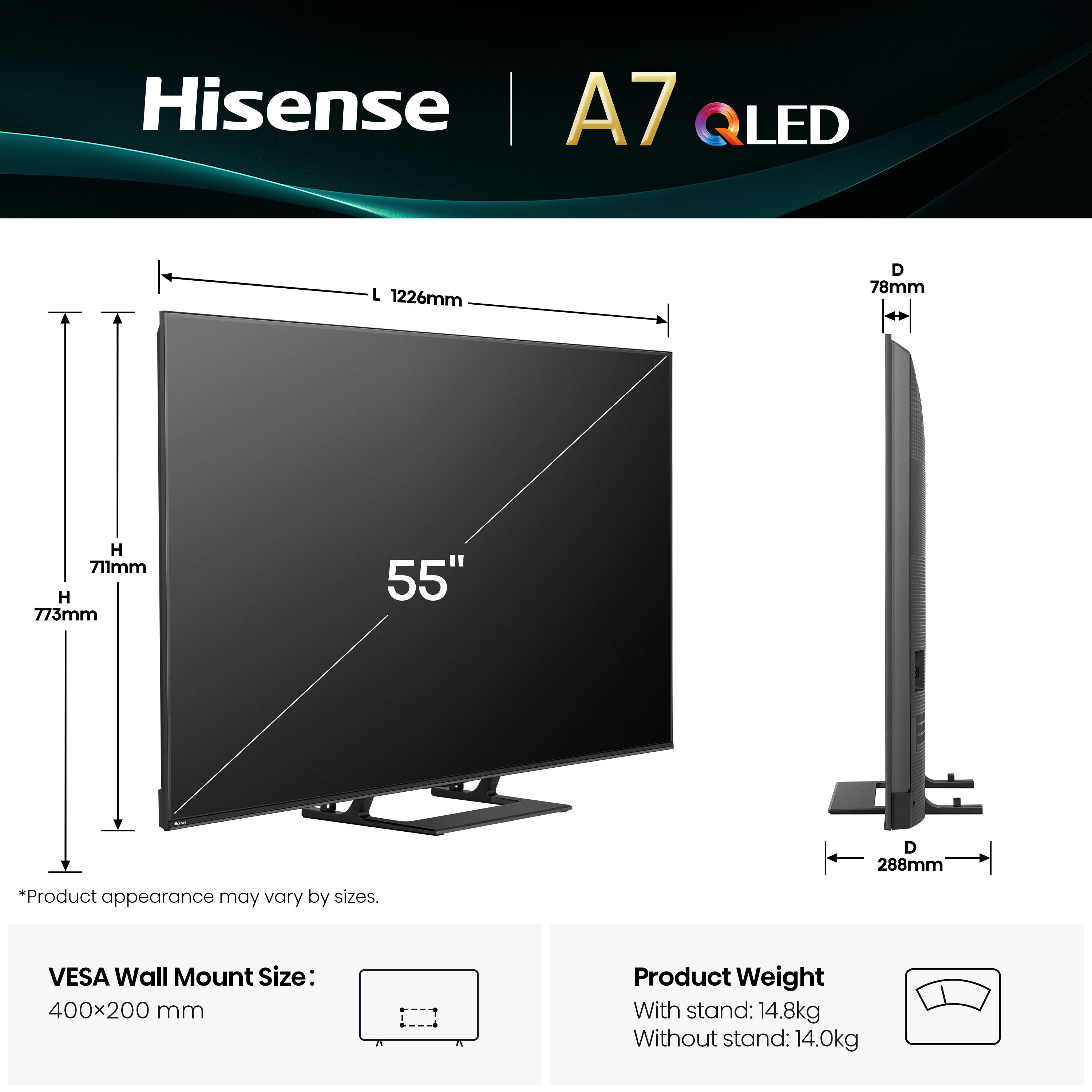 Hisense A7 QLED TV. Abmessungen: 55-Zoll-Bildschirm, 1226 mm Breite, 773 mm Höhe. Produktgewicht und VESA-Details.