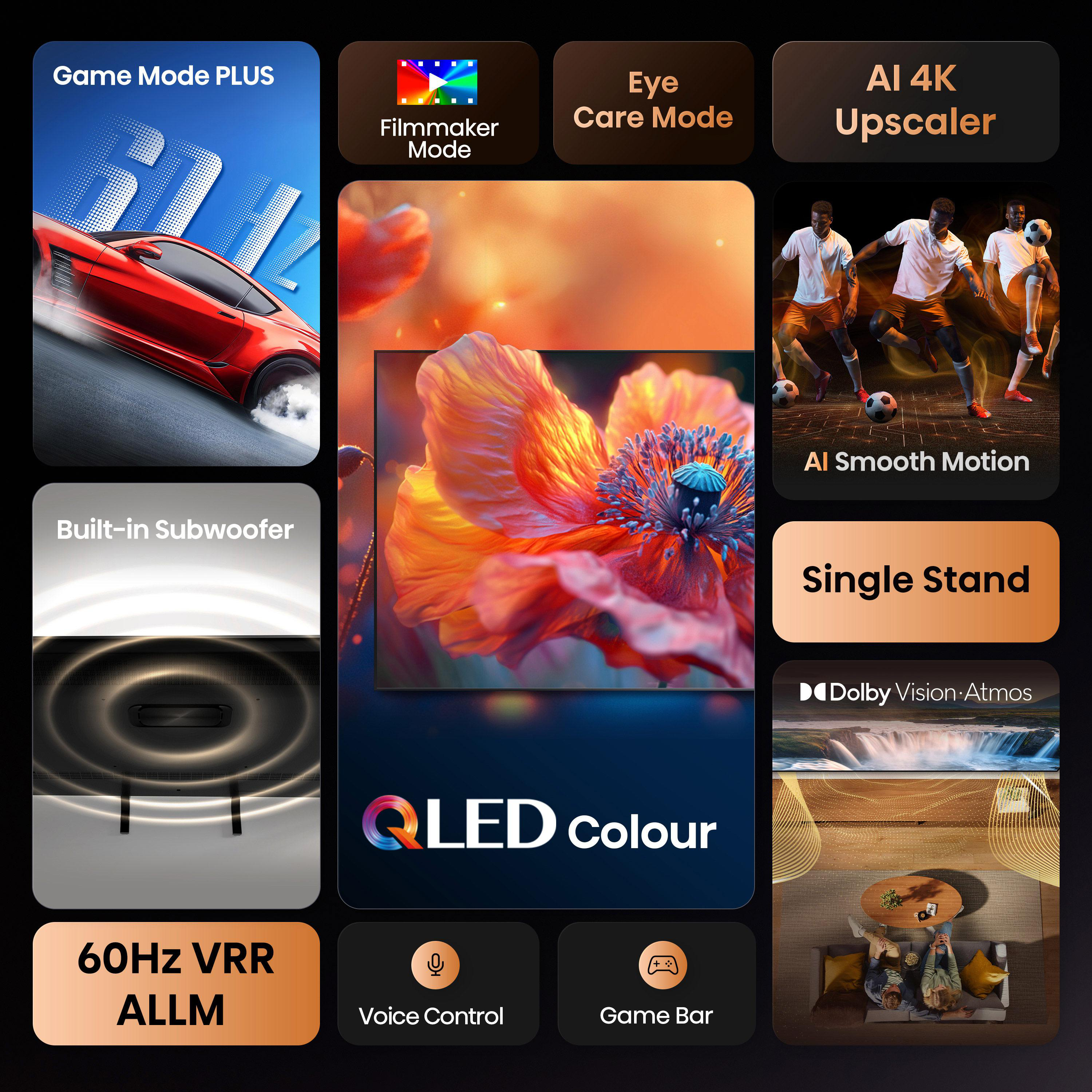 TV-Werbung. Zu den Funktionen gehören Game-Modus, AI Upscaler, eingebauter Subwoofer, QLED-Farbe, Sprachsteuerung und Dolby Vision-Atmos.