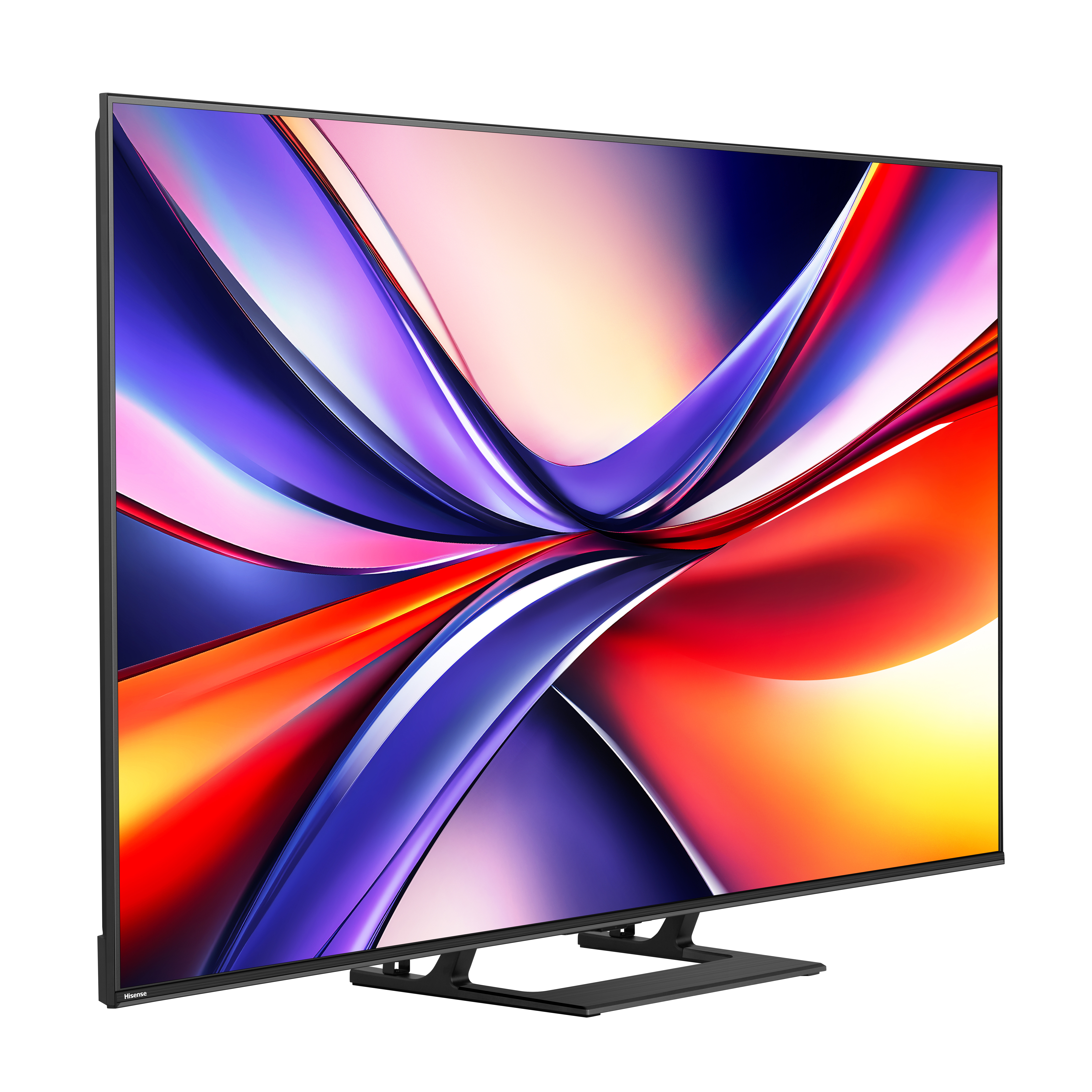 Ein moderner schwarzer Fernseher zeigt abstrakte, farbenfrohe Kunst. Er steht auf einem schwarzen Ständer vor weißem Hintergrund.
