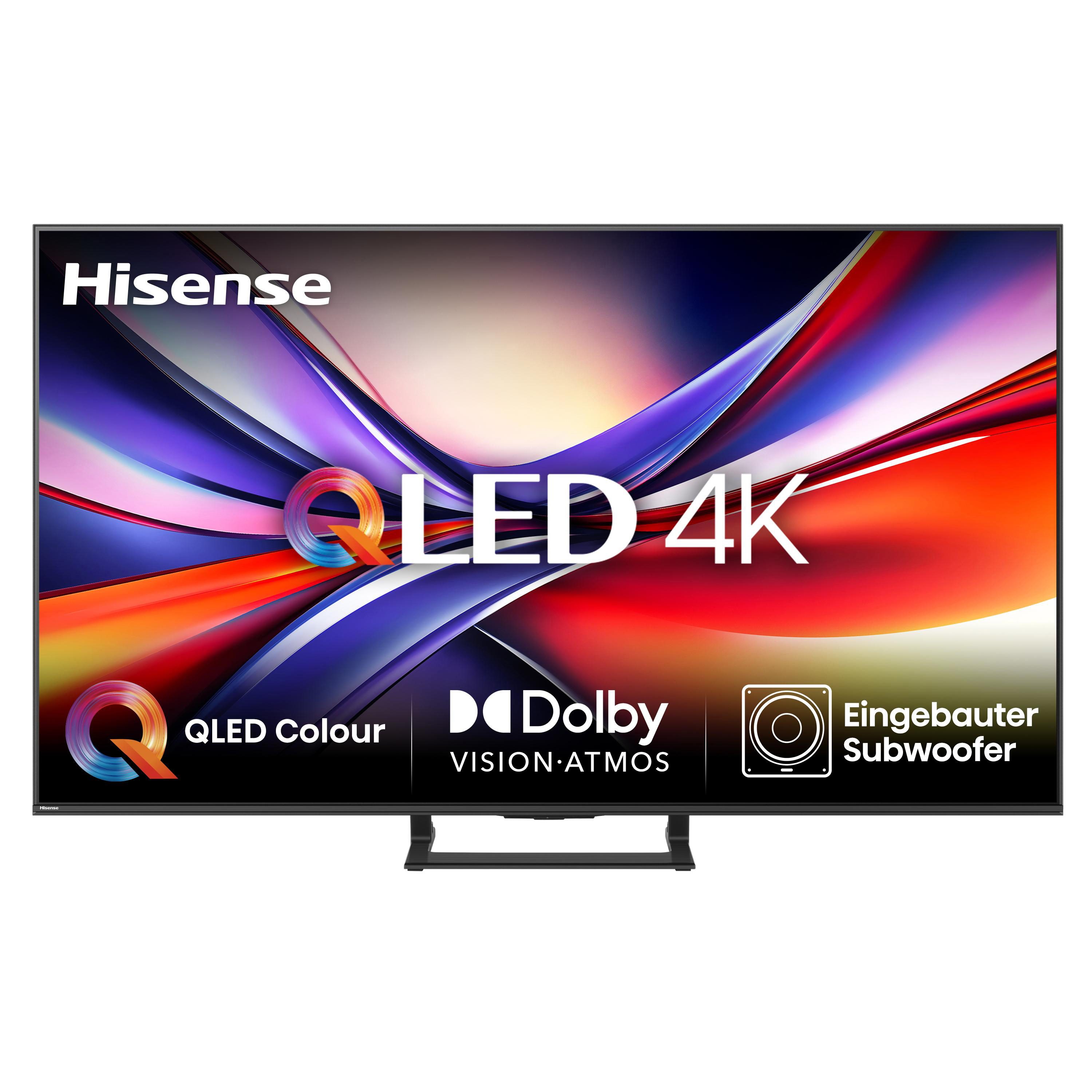 Hisense QLED 4K-Fernseher. Merkmale sind Dolby Vision, Atmos und ein eingebauter Subwoofer. Der Bildschirm zeigt farbenfrohe Kunst.