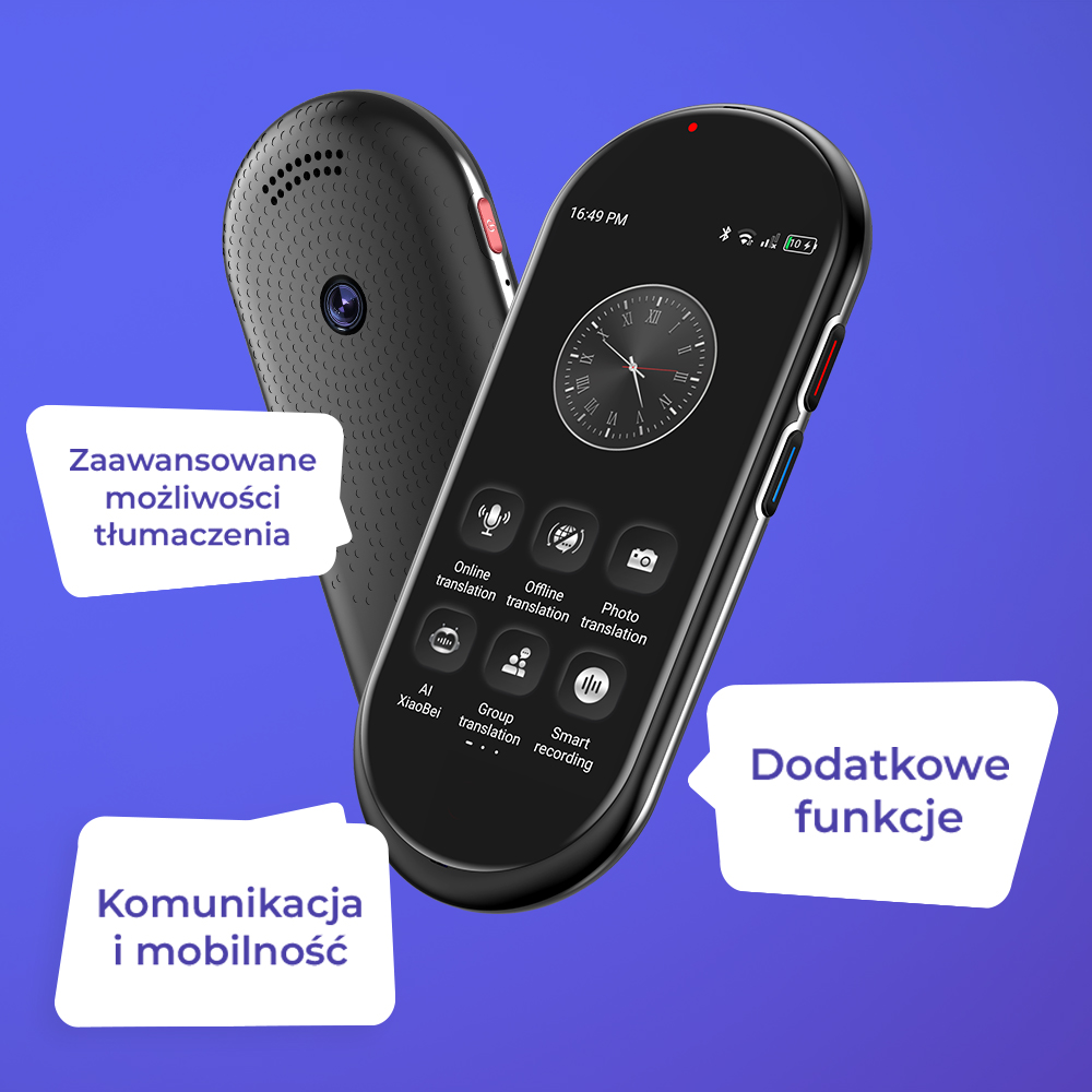 Czarne urządzenie do tłumaczenia z ekranem dotykowym, funkcje takie jak tłumaczenie online/offline i tłumaczenie zdjęć, na niebieskim tle.