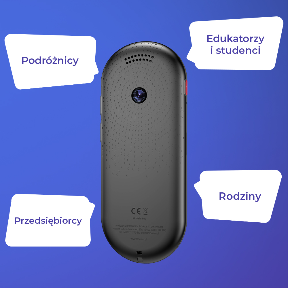 Czarne urządzenie z kamerą, otoczone dymkami z polskimi słowami: Podróżnicy, Edukatorzy, Rodziny i Przedsiębiorcy.