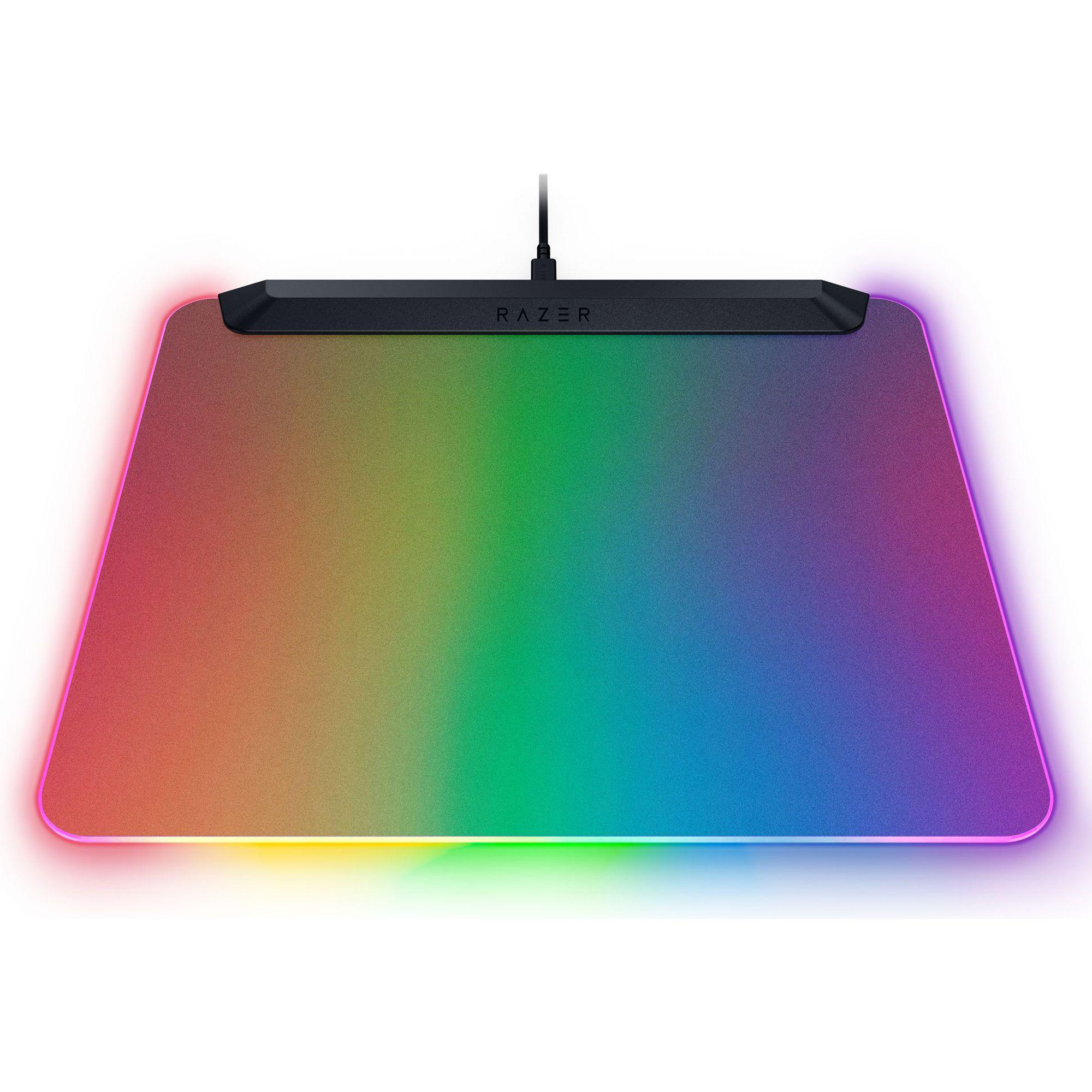 Razer-Mauspad mit Regenbogenverlauf und schwarzem Rand. Beleuchtete Kanten. Razer-Logo oben.