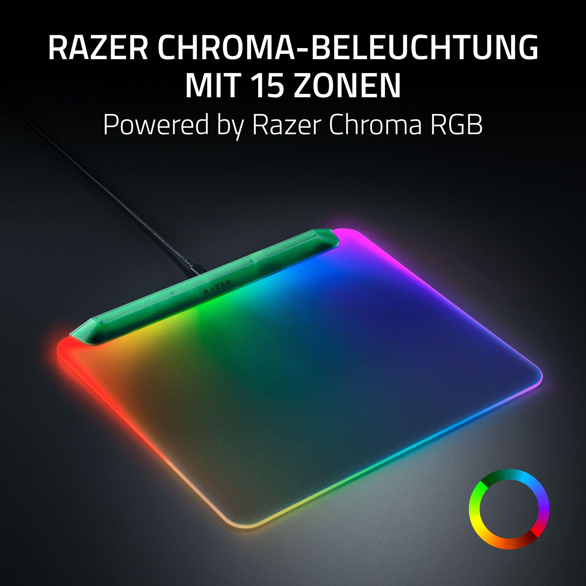 Razer Chroma RGB-Mauspad. Es hat einen Regenbogenfarb-Lichteffekt. Oben befindet sich ein grüner Balken mit dem Razer-Logo.