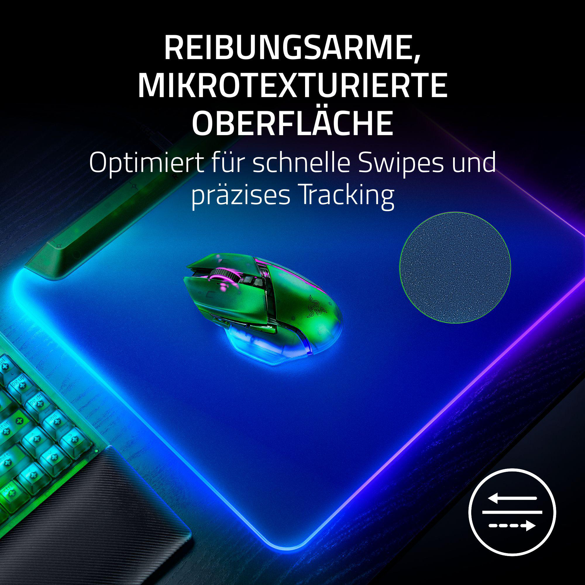 Gaming-Setup mit Maus, Mauspad und Tastatur. Blau- und Grüntöne dominieren die Szene.