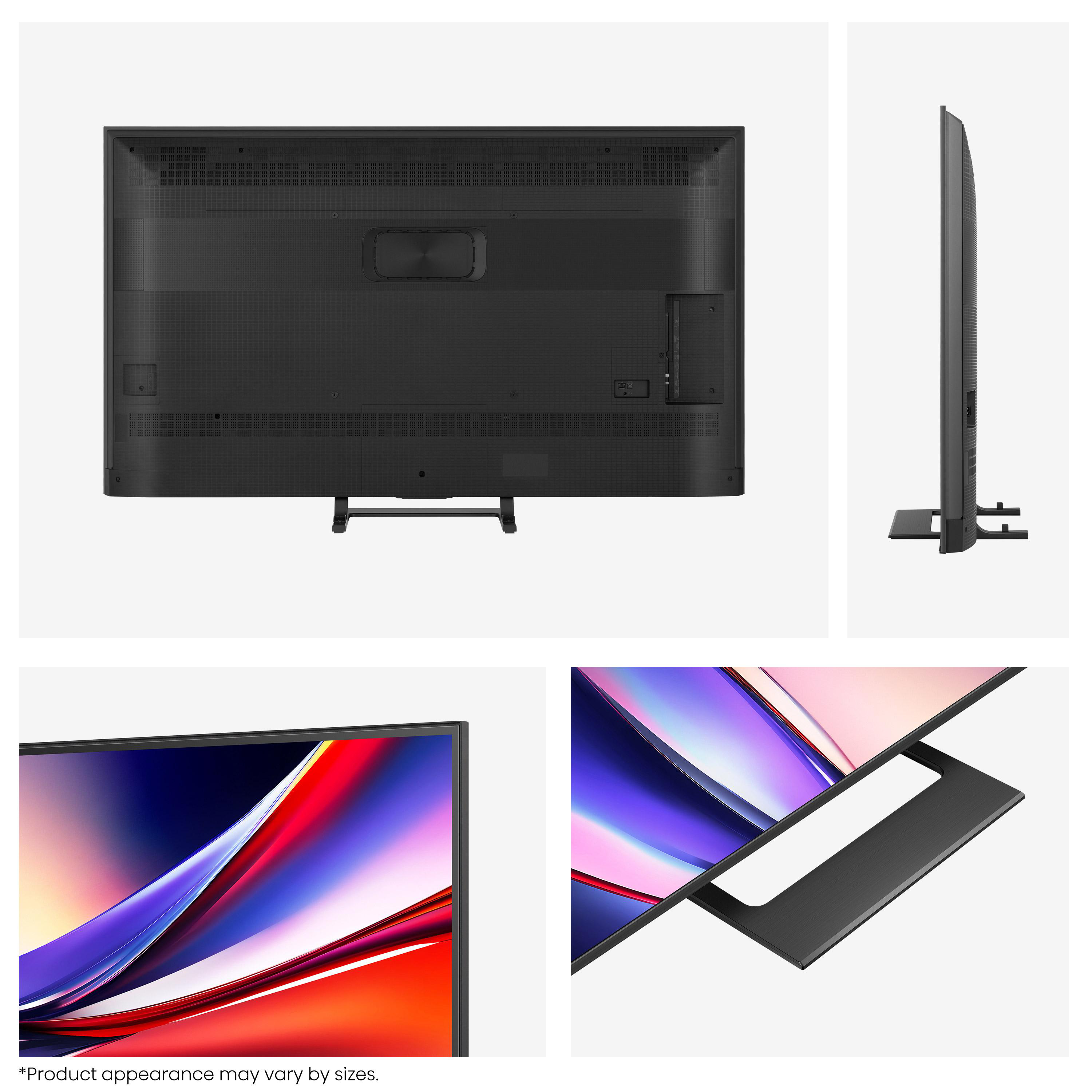 Schwarzer Fernseher mit Ständer, Rück- und Seitenansicht. Nahaufnahmen von Bildschirmrand und Ständer. Bunte abstrakte Bilder.