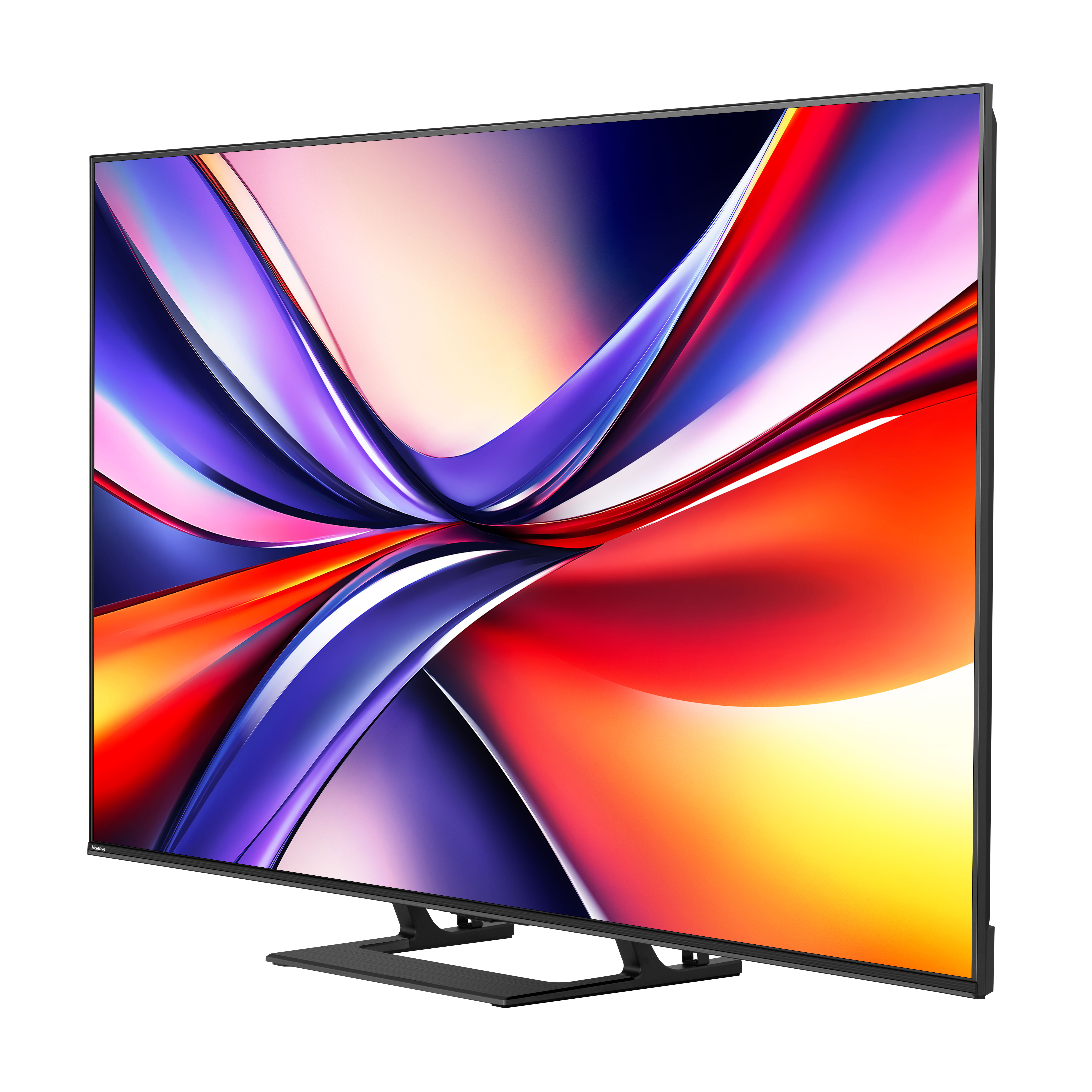 Ein moderner Fernseher mit farbenfroher, abstrakter Anzeige. Er hat einen schwarzen Rahmen und Ständer, vor weißem Hintergrund.