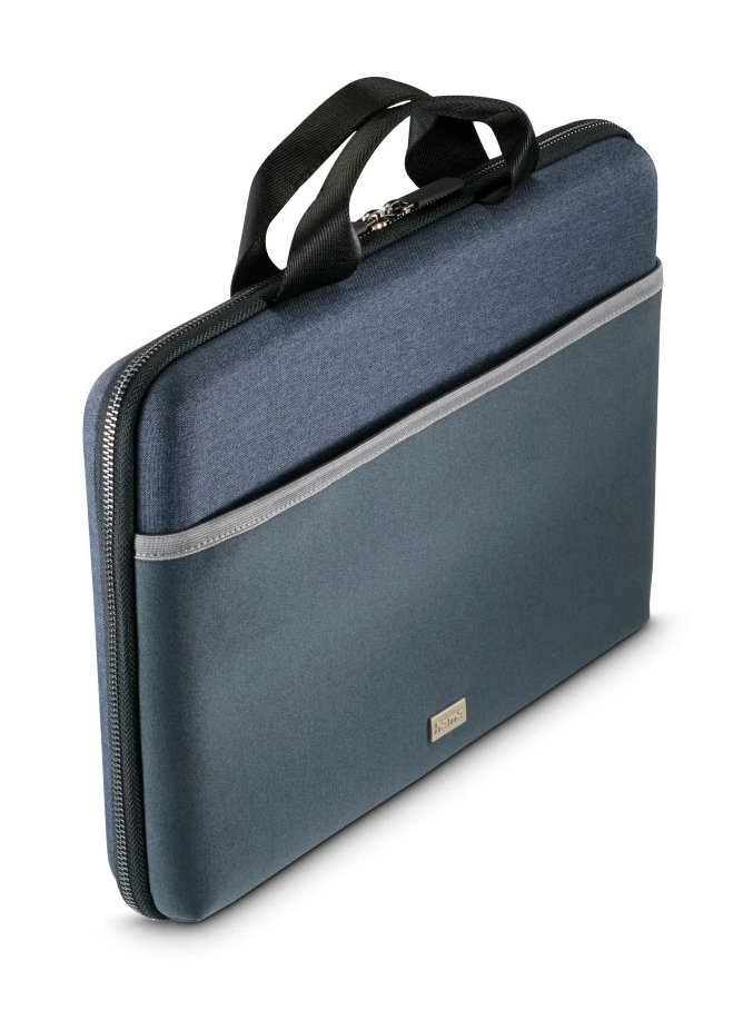 Niebieska torba na laptopa z uchwytem. Ma zamek błyskawiczny i szare wykończenie. Tło jest białe.