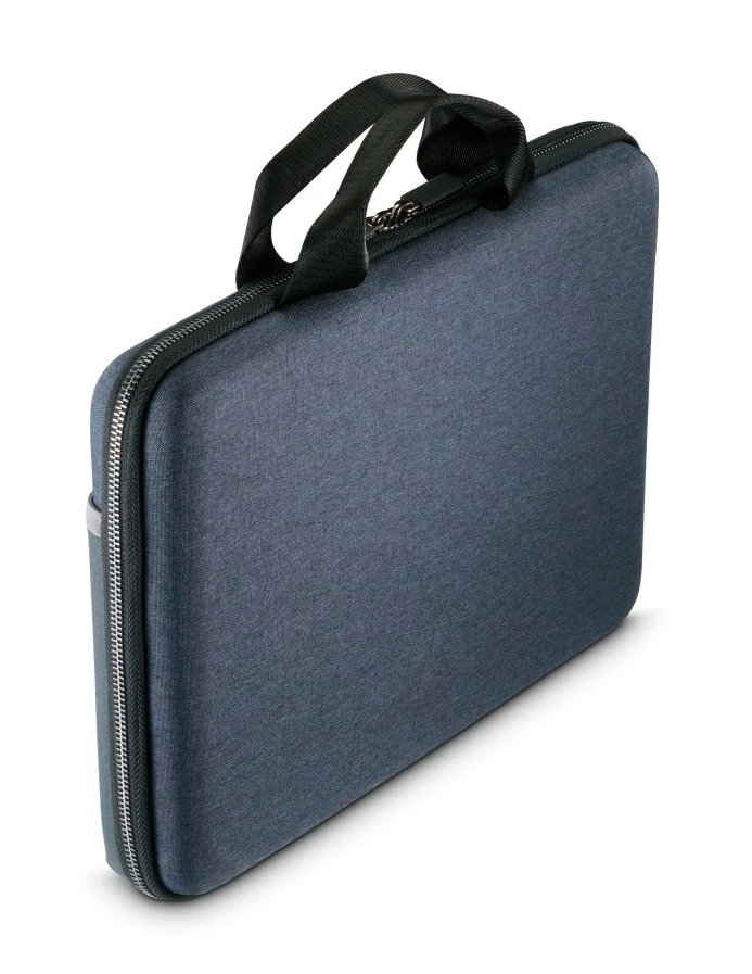 Ciemnoniebieska torba na laptopa z czarnym uchwytem i zamkiem błyskawicznym. Obudowa jest prostokątna i stoi na białej powierzchni.