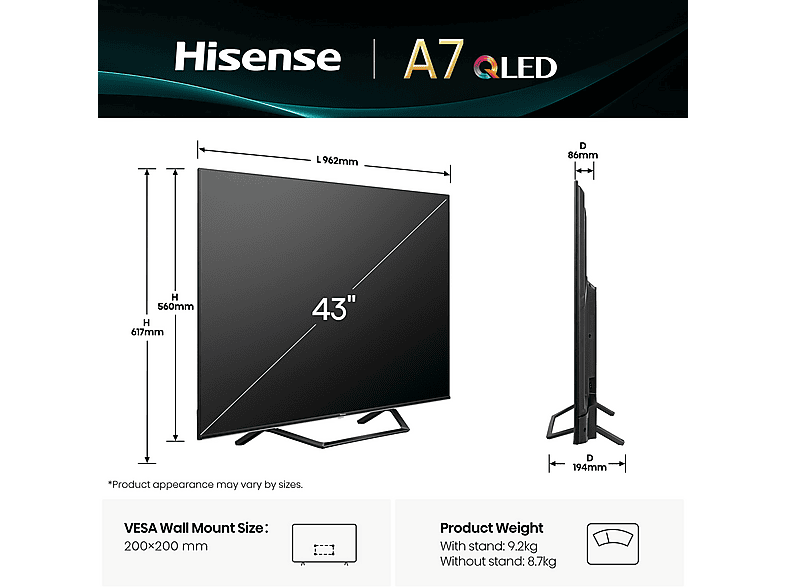 HISENSE 43A7Q QLED TV (Flat, 43 Zoll / 108 cm, UHD 4K, SMART TV)